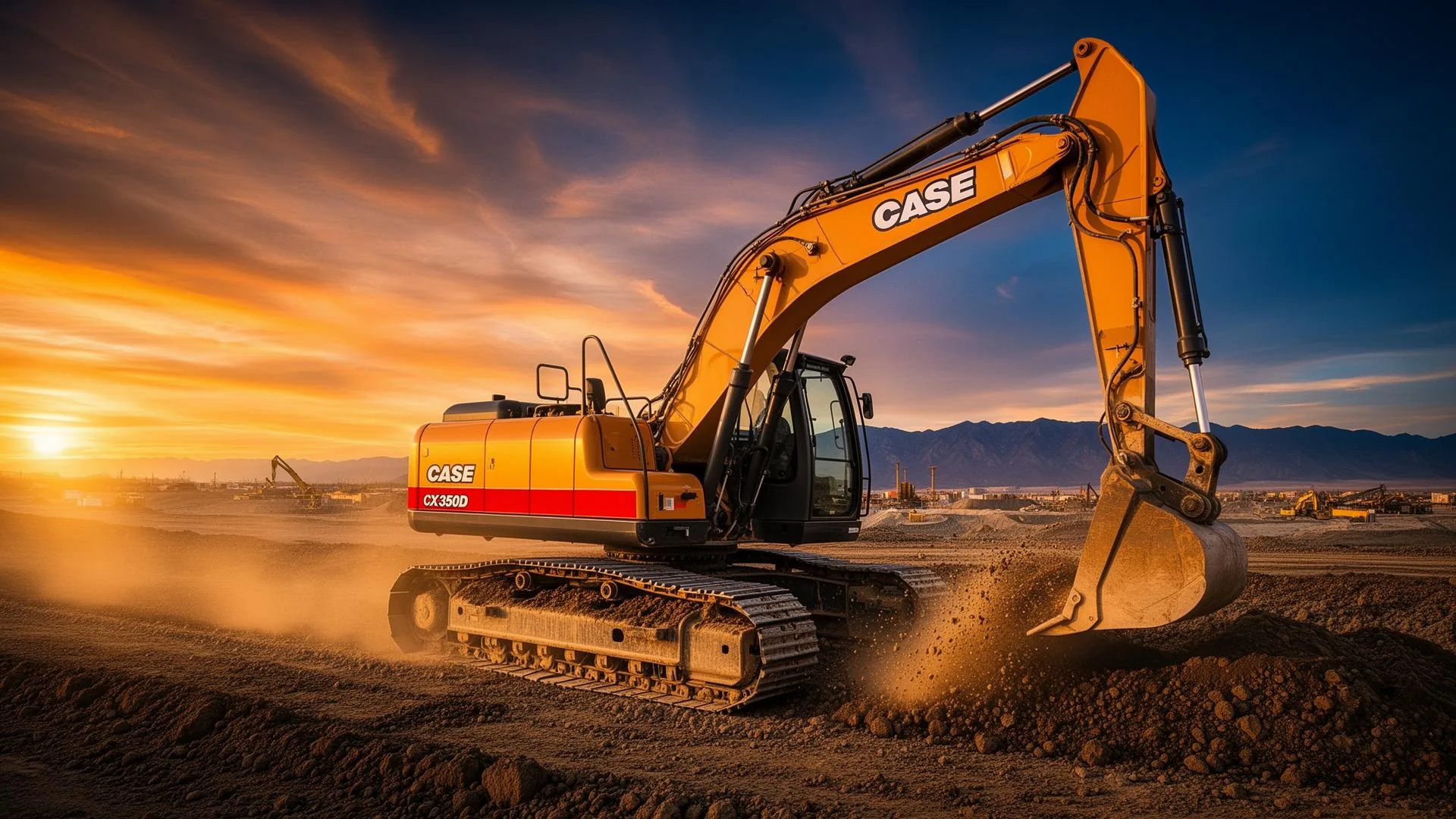 Pelle CASE sur chantier au coucher du soleil